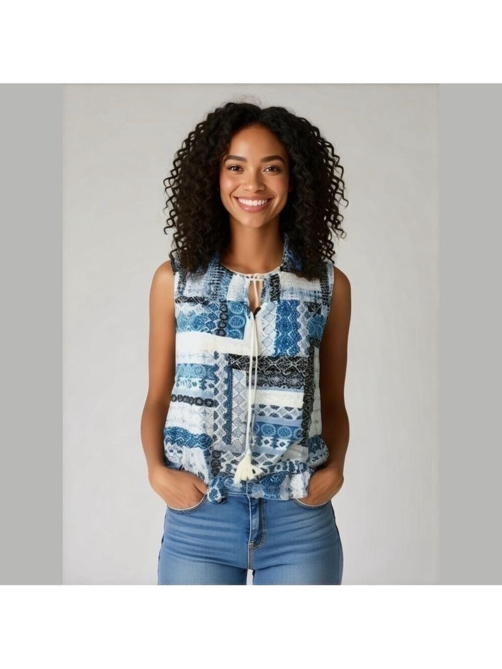 Suzy Shier Blue Geometric Zellige Print Boho Sleeveless Top with Shirring Size M